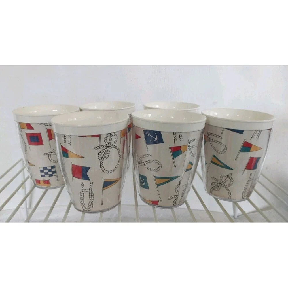 1960s Nautical Theme Insulated Plastic Cups Boat Flags & Knots set of 6
